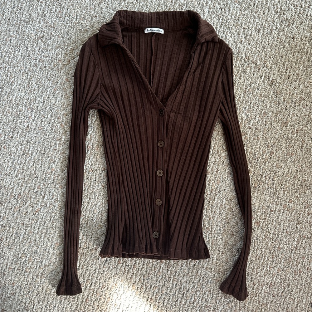 Reformation Ribbed Brown Button Up